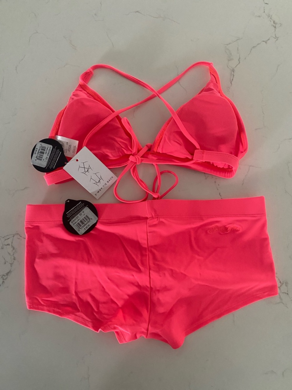 New Body Glove Neon Pink Triangle Bikini Top with Swim Shorts - Picture 3 of 5